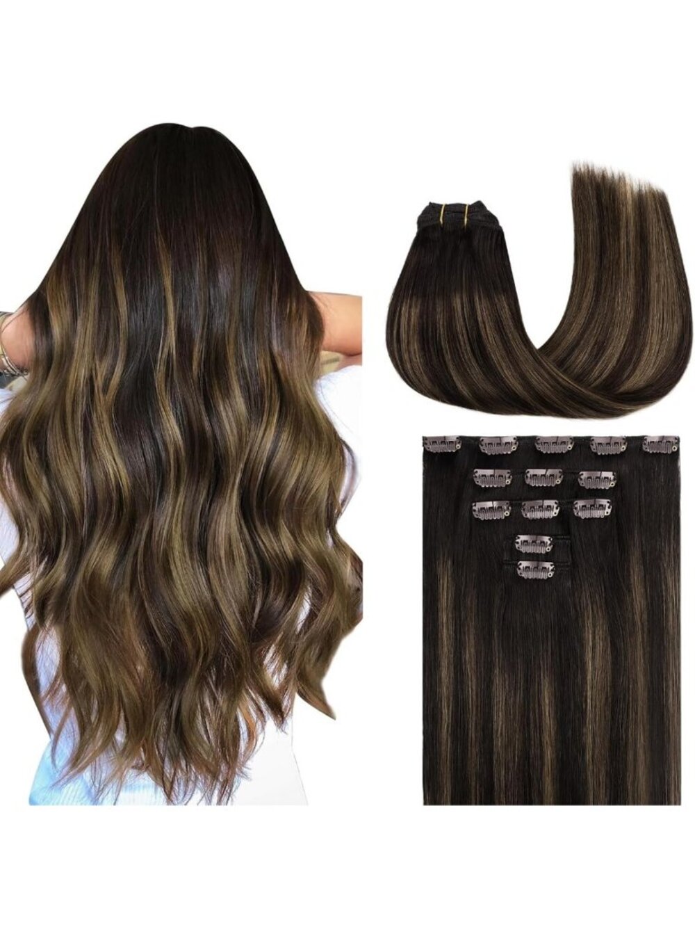 Natural Look Clip-In Hair Extensions for Volume - 16 Inch, Dark Brown & Chestnut
